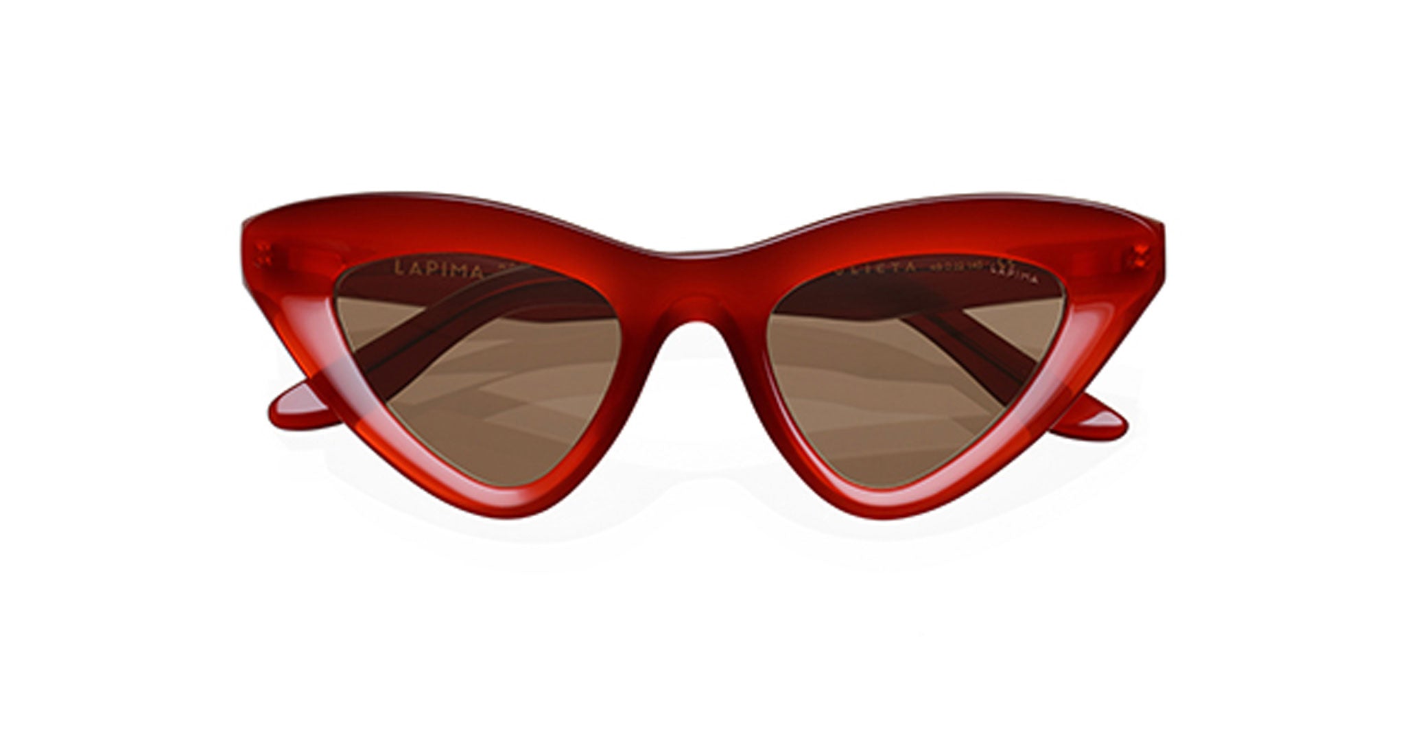 Lapima Julieta sunglasses by Lapima, featuring a red cat-eye frame and brown tinted lenses, shown from the front angle.