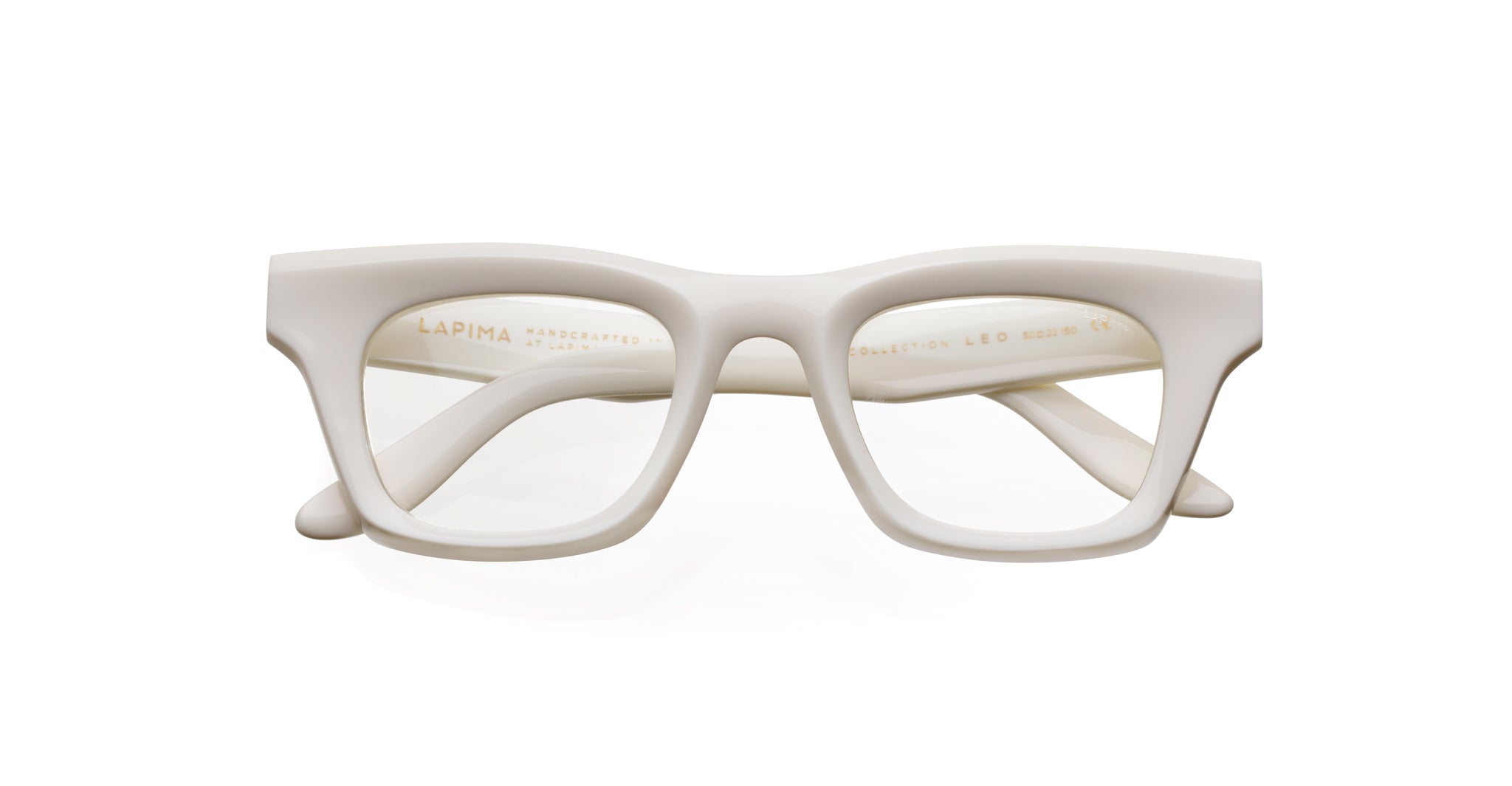 Lapima Leo eyeglasses with thick white rectangular frames shown from the front; bold rims emphasize the modern design.
