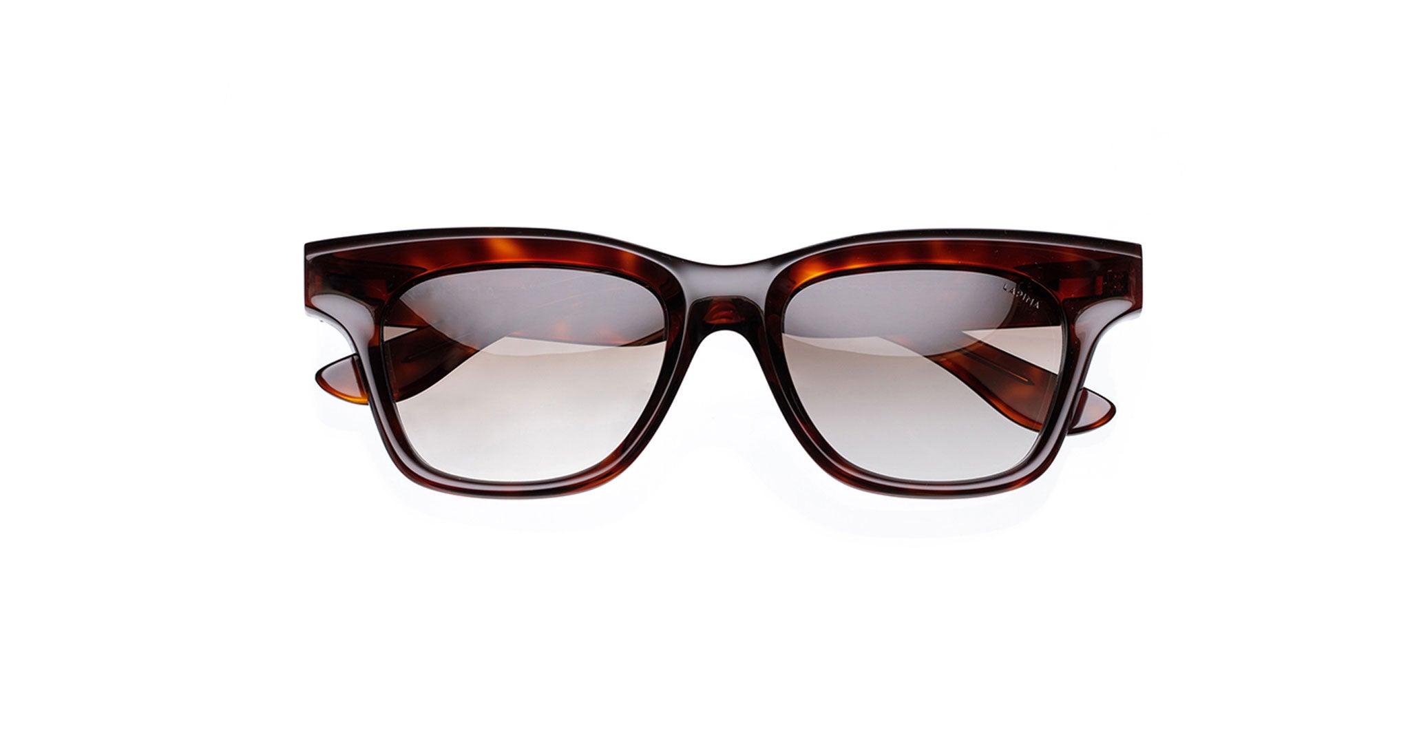 The Lapima Leo X: unisex rectangular eyeglass frames in tortoiseshell, handcrafted from Italian acetate with dark gradient lenses, shown on a white background.