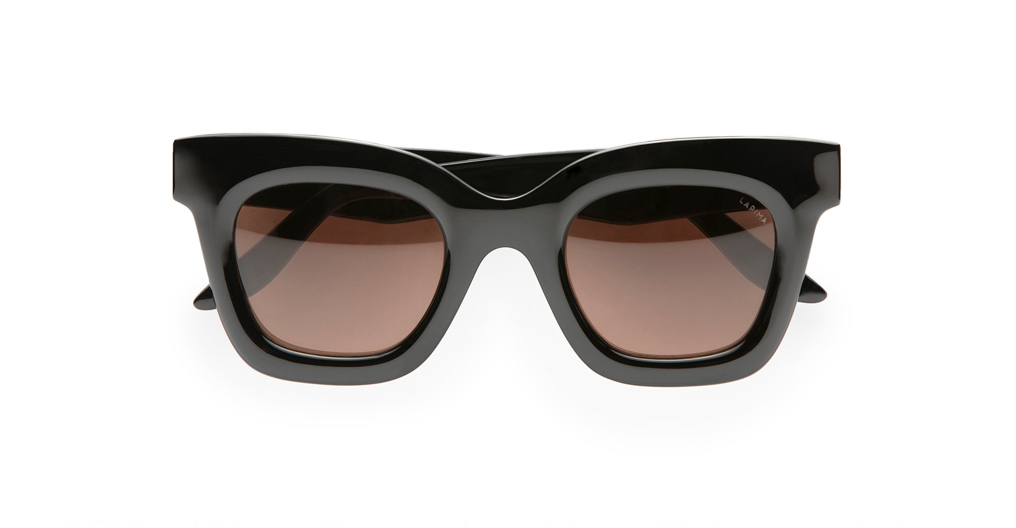 Lapima Lisa sunglasses feature black rectangular, thick glossy frames and brown-tinted lenses, shown against a white background.