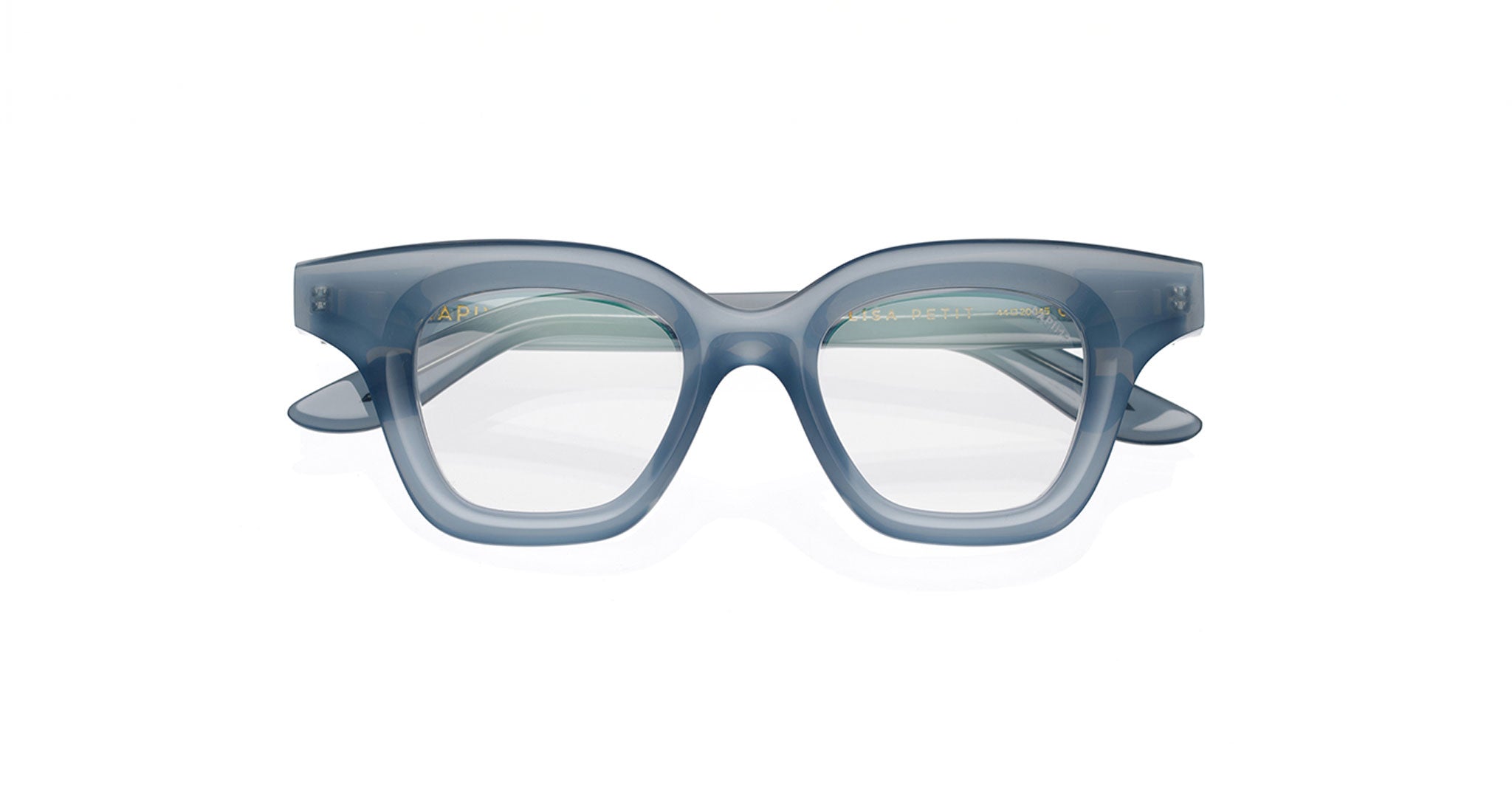 Lapima Lisa Petit 44 eyeglasses in blue translucent square acetate with thick frames, handcrafted in Brazil, displayed front-facing on a white background.