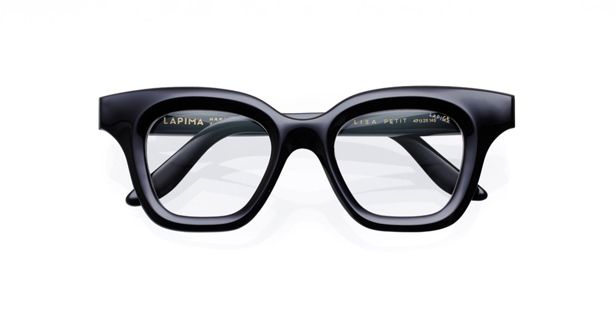 The Lapima Lisa Petit 48 features black, thick-rimmed square acetate optical frames with clear lenses, shown front-facing on a white background. The brand and model are visible inside the arms; these modern eyeglasses are handcrafted in Brazil.