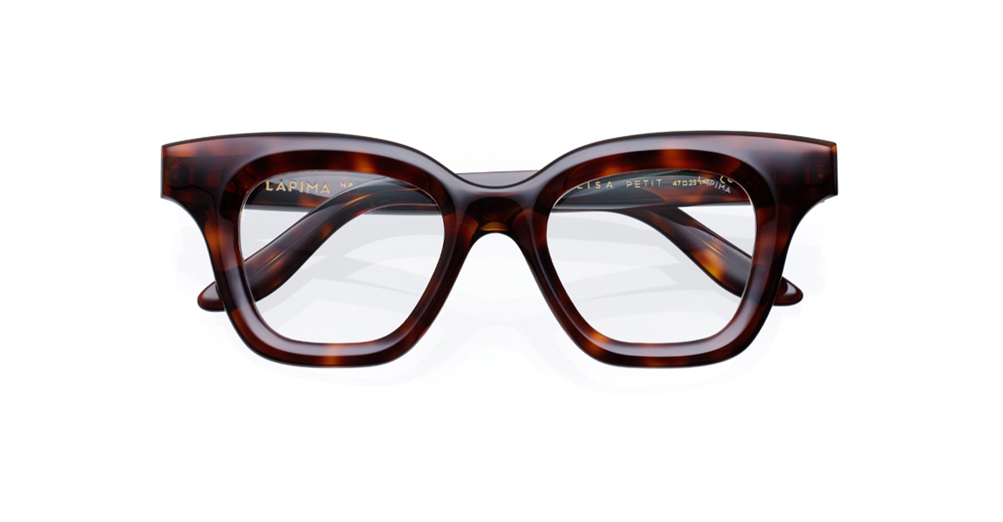 The Lapima Lisa Petit 48 features rectangular, thick-rimmed square acetate optical frames in a dark tortoiseshell pattern, shown from the front against a white background.