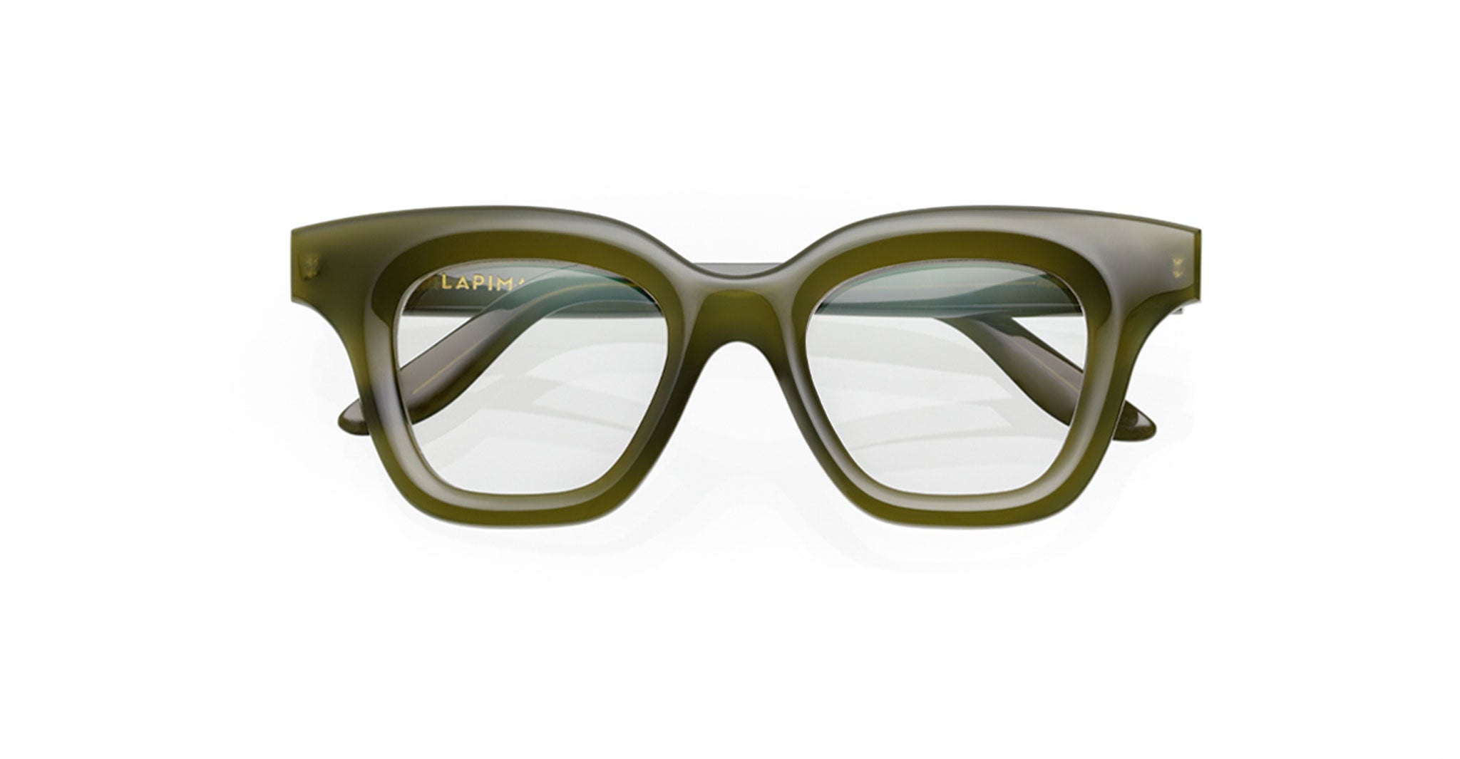 Front view of Lapima Lisa Petit 48 eyeglasses with thick, olive green square acetate frames and clear lenses. Features a slight sheen and "LAPIMA" branding on the inside left temple. Handcrafted in Brazil.