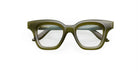 Front view of Lapima Lisa Petit 48 eyeglasses with thick, olive green square acetate frames and clear lenses. Features a slight sheen and "LAPIMA" branding on the inside left temple. Handcrafted in Brazil.