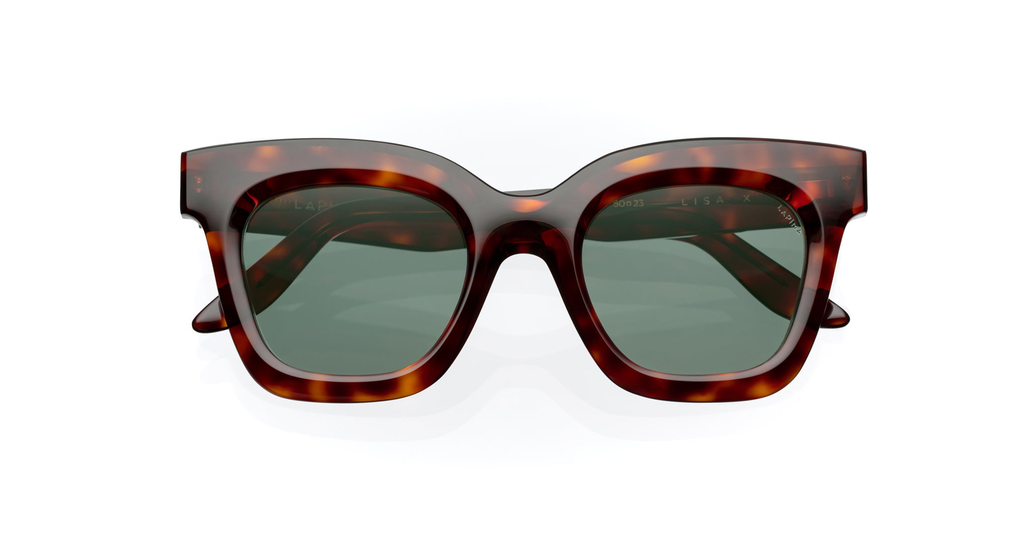 Lapima Lisa X sunglasses featuring tortoiseshell rectangular thick frames and dark green lenses, shown against a white background.