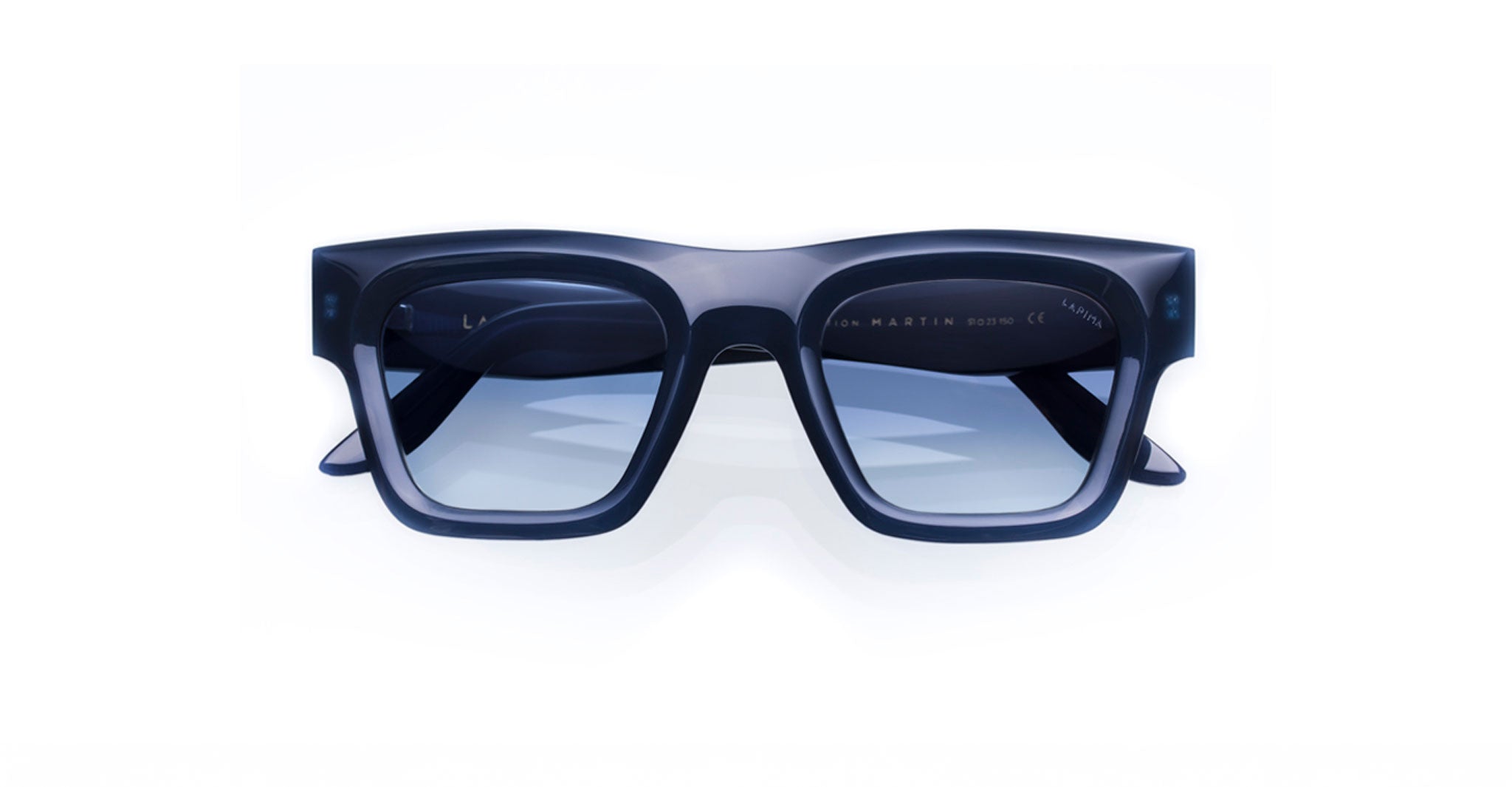 The Lapima Martin features rectangular, thick dark blue Italian acetate frames with slightly tinted blue lenses, shown against a white background.