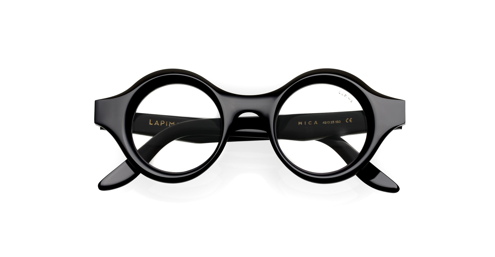 Lapima Mica eyeglasses by Lapima, thick black round frames, front-facing view.
