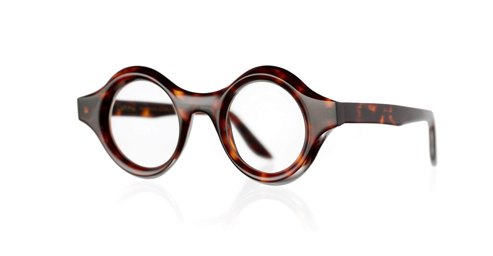 Lapima Mica round tortoiseshell eyeglasses with thick frames, front view.