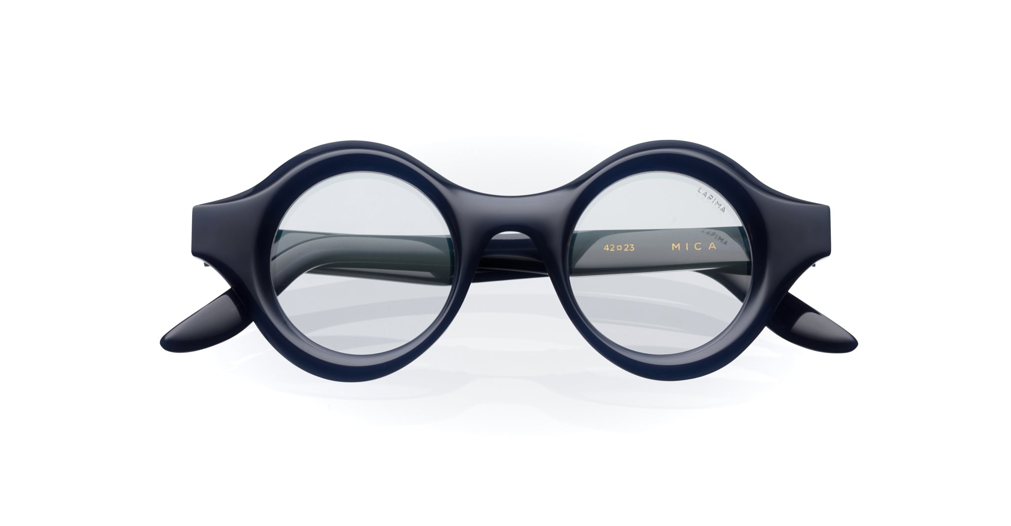 Lapima Mica eyeglasses by Lapima, round black frames with thick rims, classic design, front view.