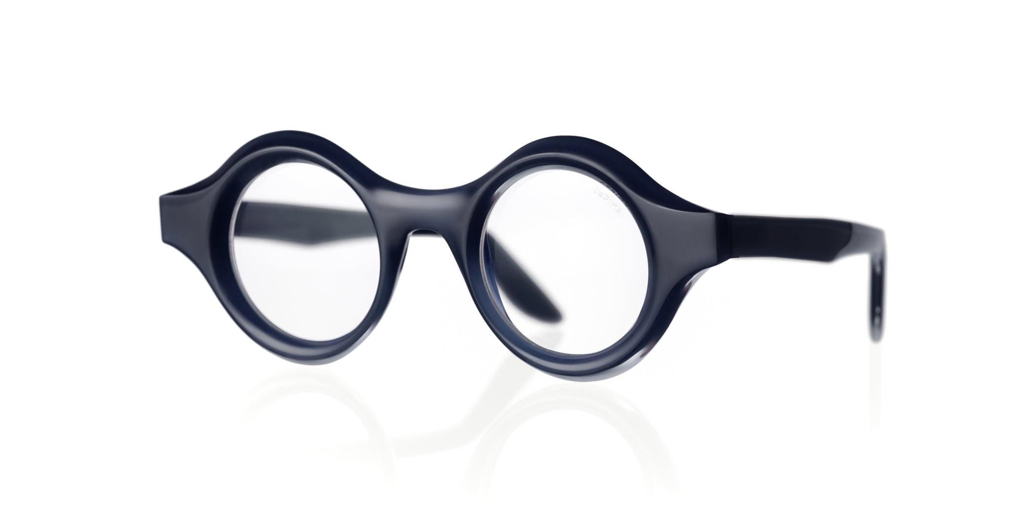 Lapima Mica eyeglasses feature round, dark blue thick frames. Eyewear by Lapima, model Mica, shown from the front angle.