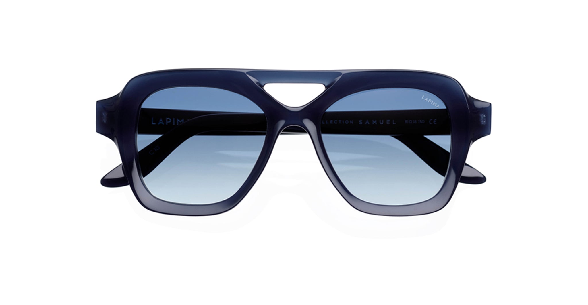 The Lapima Samuel sunglasses feature an oversized, stylish dark blue thick frame with gradient blue lenses, shown from the front against a white background.