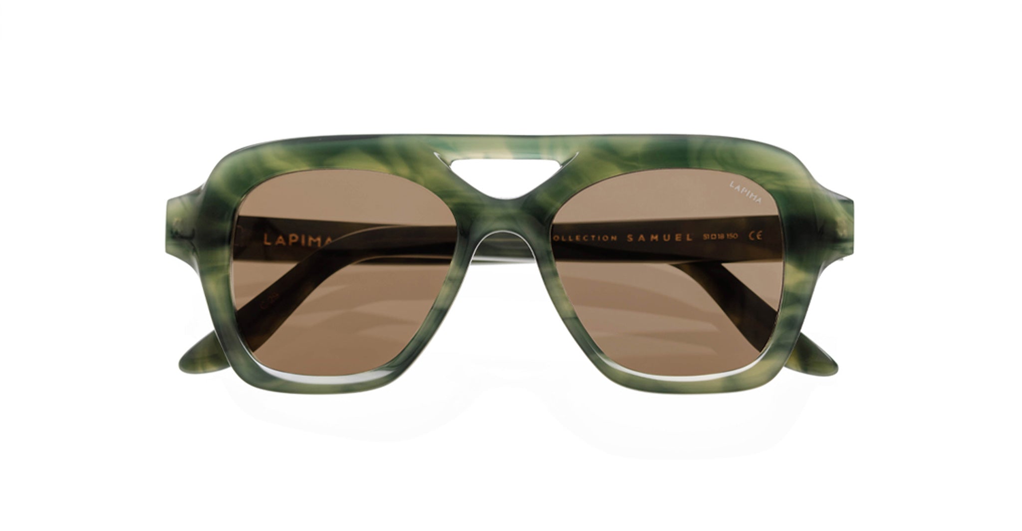 Lapima Samuel green marbled square sunglasses with brown lenses, front view.