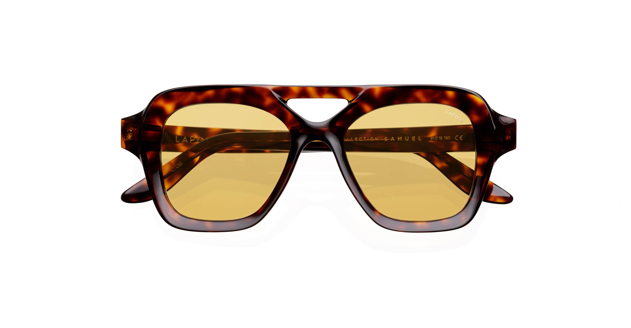 Lapima Samuel sunglasses with yellow-tinted UV lenses, front view, featuring acetate frame and clear nose pads.
