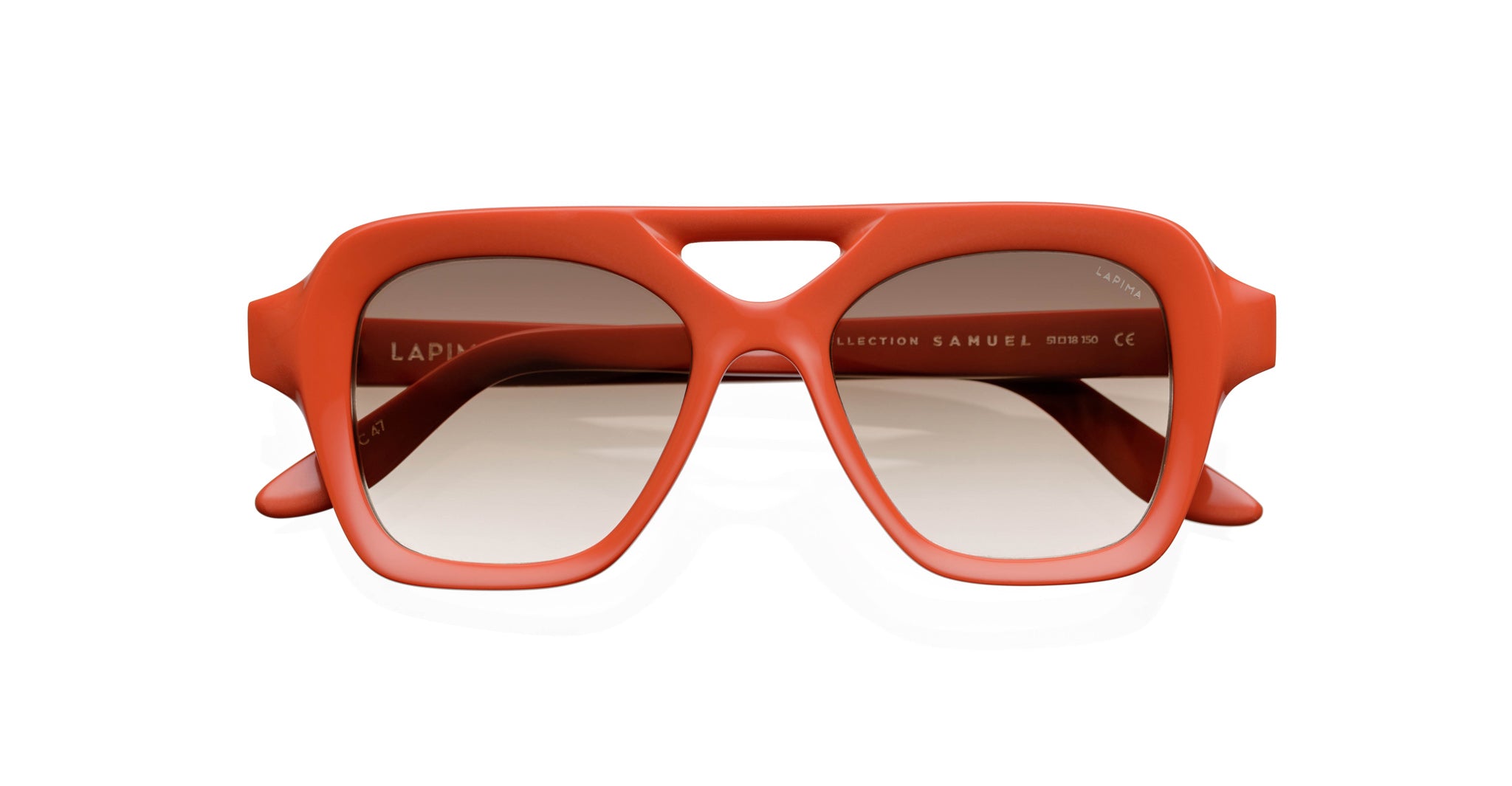 Lapima Samuel oversized rectangular orange sunglasses, front view, featuring a unique bridge and gradient lenses.