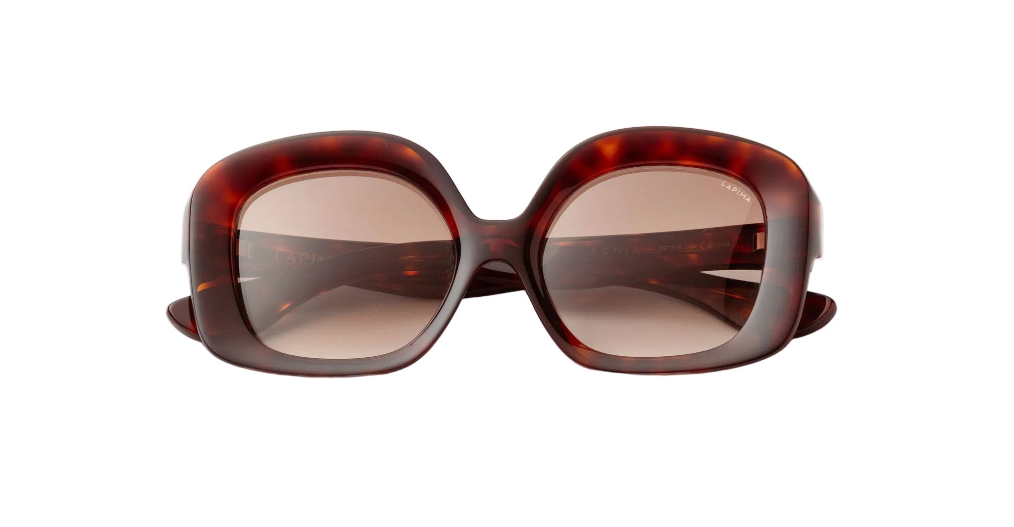 Front view of Lapima Sonia sunglasses in Havana Vintage, featuring oversized geometric square tortoiseshell acetate frames and brown gradient lenses.