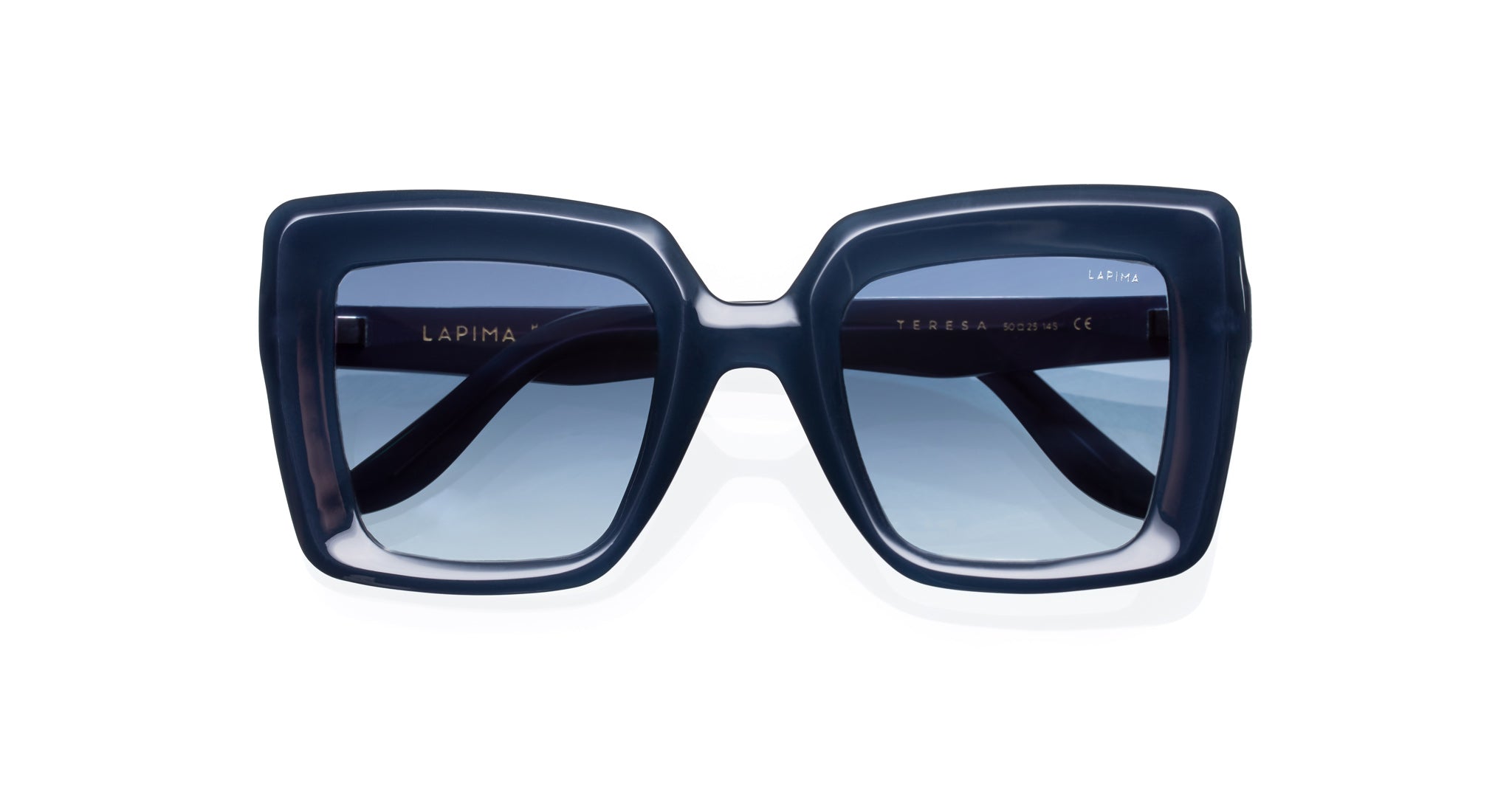 Lapima Teresa rectangular navy sunglasses with thick frames and gradient blue lenses, front view.