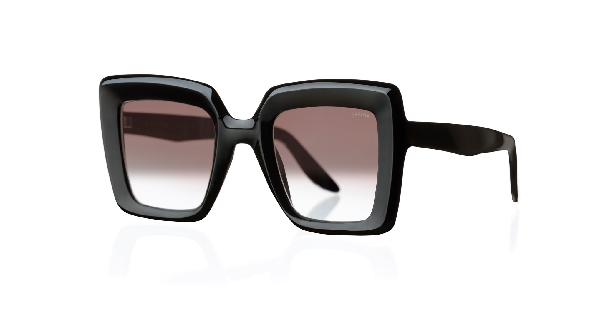 Lapima Teresa sunglasses by Lapima, black square frames with thick rims and gradient UV lenses, front view.