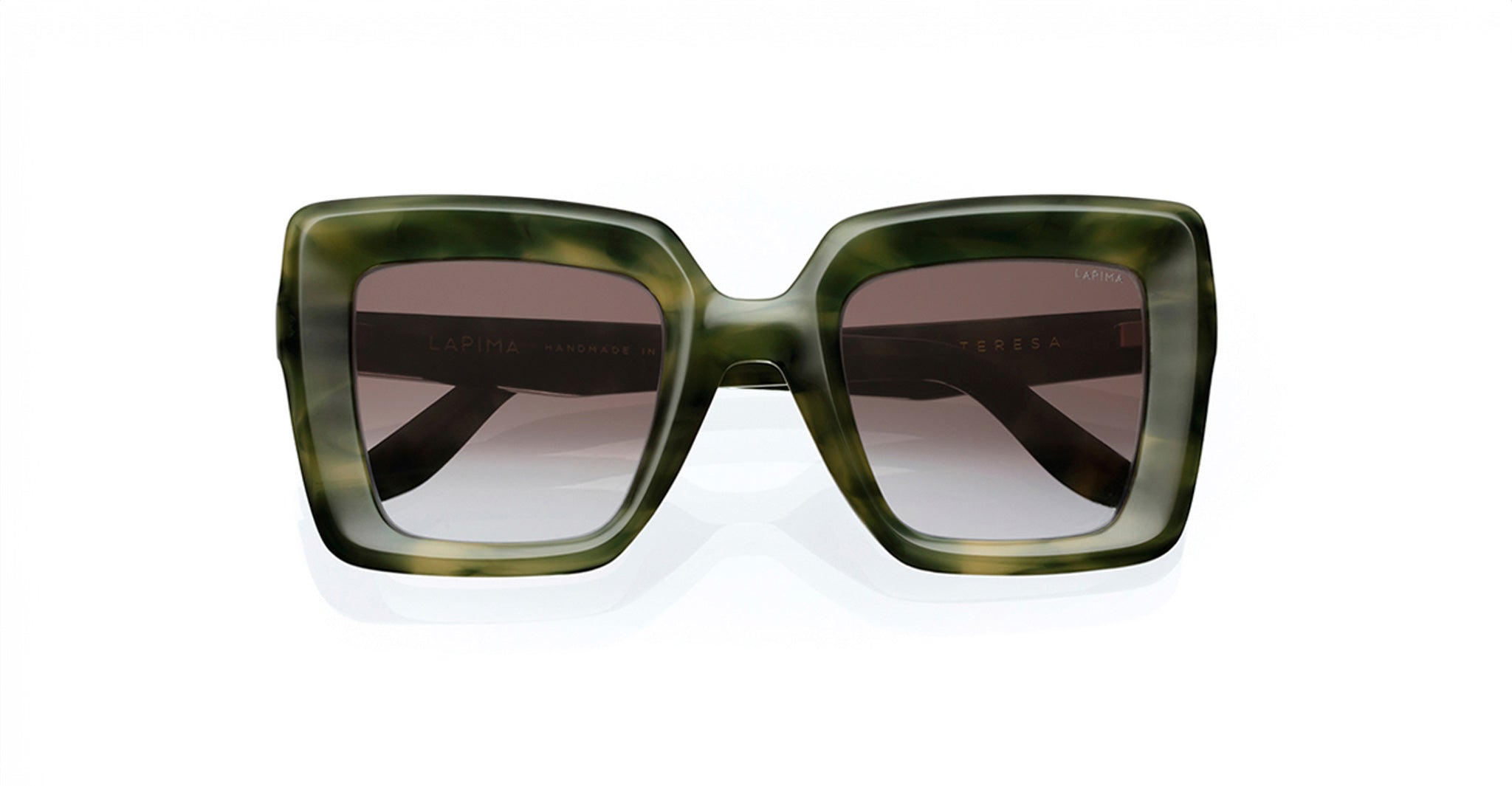 Lapima Teresa square green marbled sunglasses with dark tinted lenses, front view.
