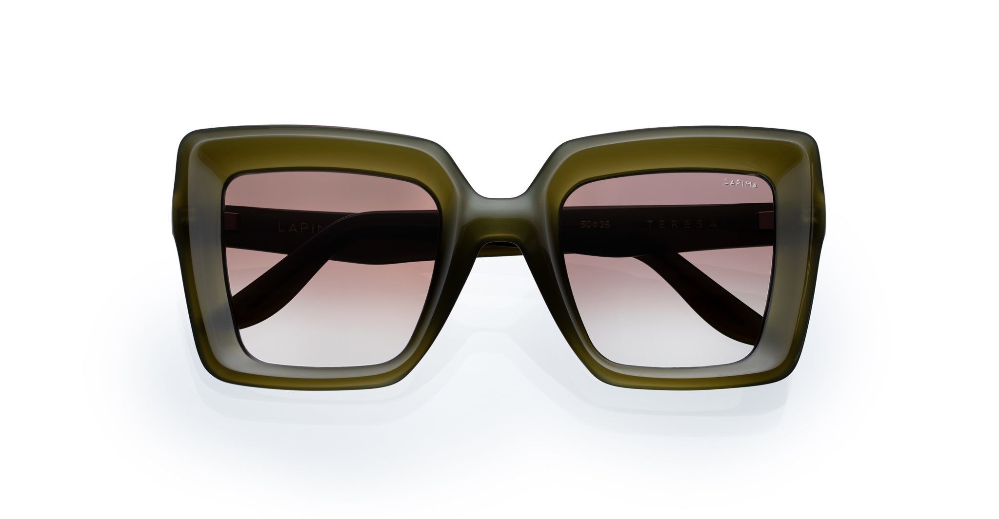 Lapima Teresa square sunglasses with thick dark green frames and gradient brown lenses, front view.