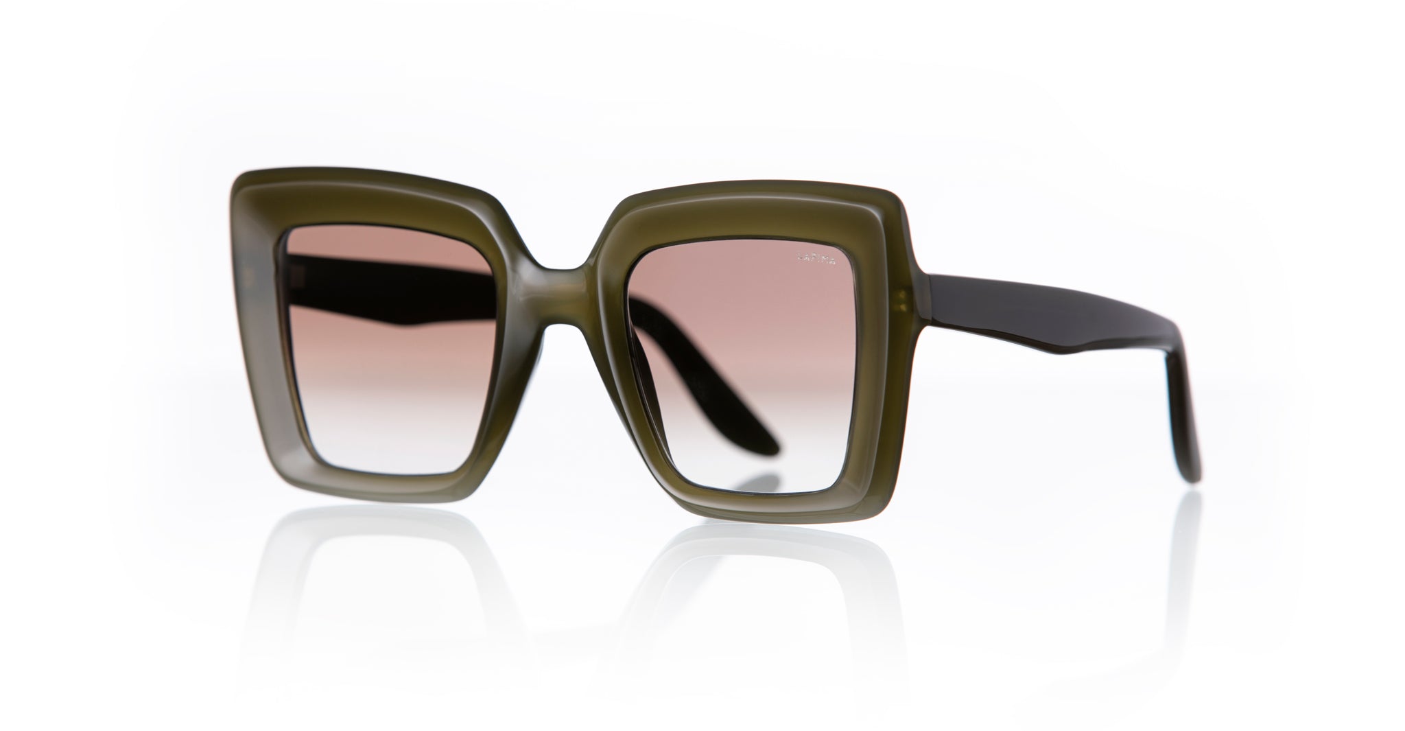 Lapima Teresa oversized sunglasses with olive green frames and UV-protective brown gradient lenses, front view.