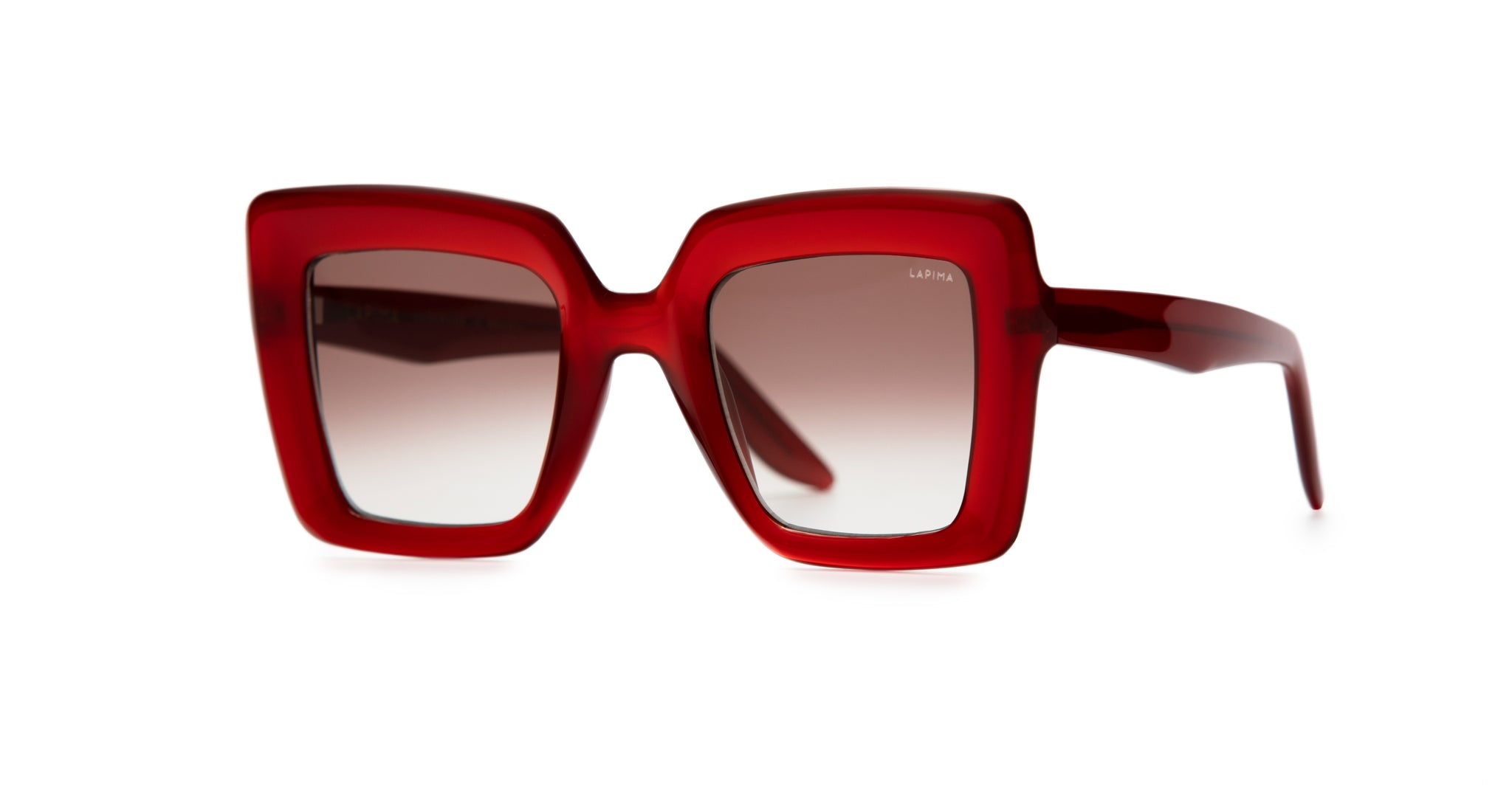 Lapima Teresa oversized red square sunglasses with gradient UV lenses, front view, Lapima eyewear.