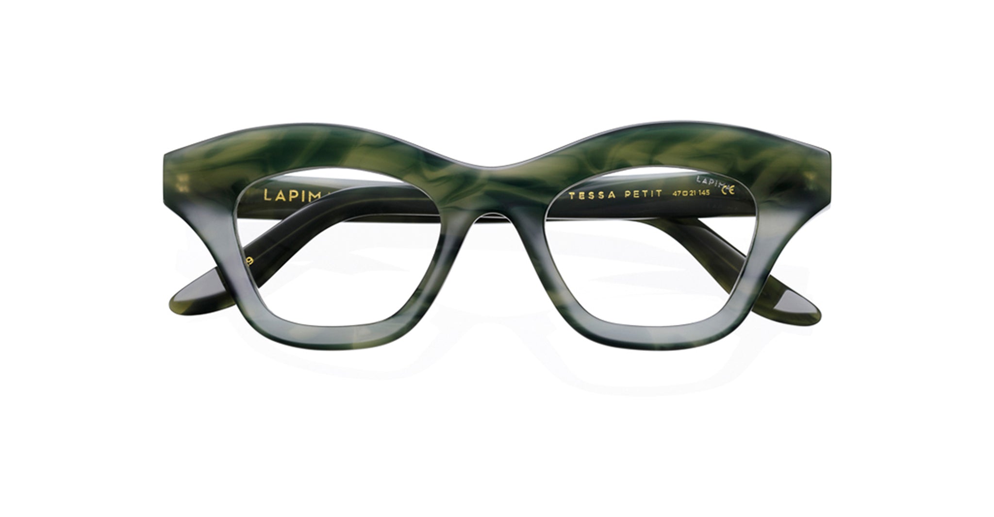 Front view of Lapima Tessa Petit cat-eye eyeglasses, featuring green marbled thick frames and gold writing on the inner arms, displayed on a white background.