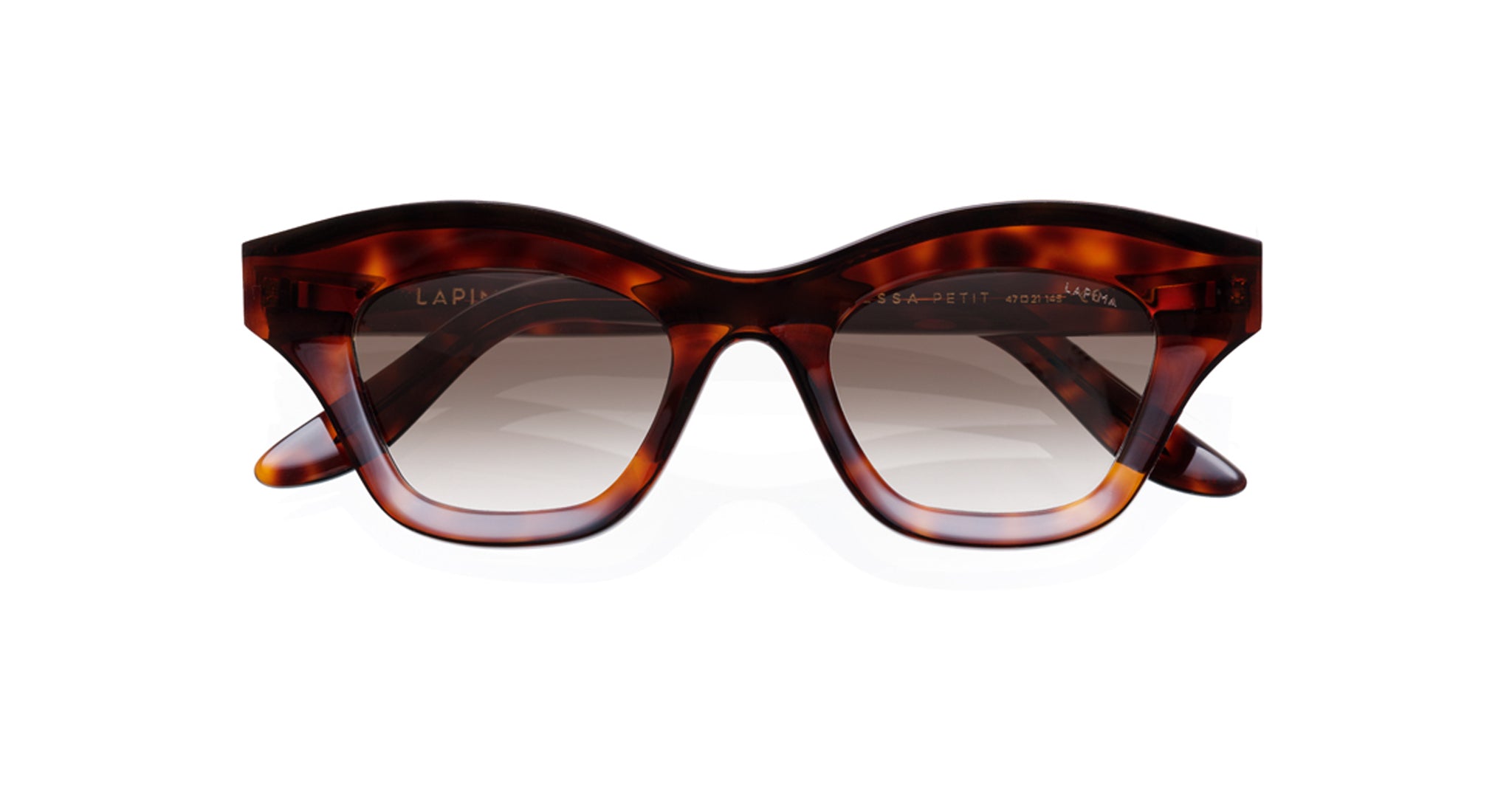 Lapima Tessa Petit cat-eye sunglasses by COMING SOON feature thick tortoiseshell frames and gradient lenses, displayed on a white background.