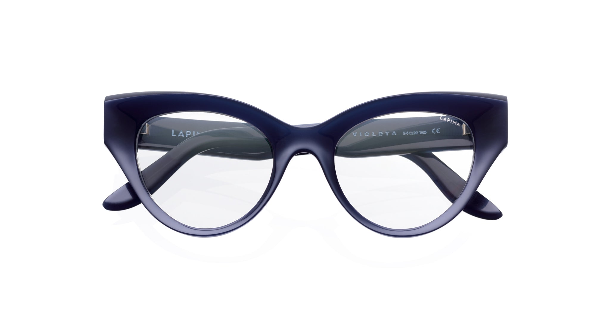 Lapima Violeta cat-eye blue eyeglasses with clear lenses and thick frames, shown from the front.