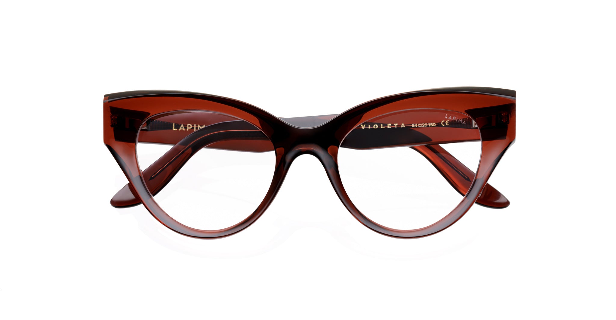 Lapima Violeta cat-eye eyeglasses with thick, glossy dark red frames, front view. Brand: Lapima. Model: Violeta.