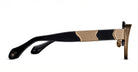 Side view of Matsuda 10605H: black eyeglass frame with gold ribbed detailing on the arm, a small gold emblem near the temple tip, and round lenses. The bold design highlights luxury and refinement.