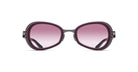 A pair of sunglasses with thick, dark purple frames and gradient pink lenses, shown from the front against a white background.