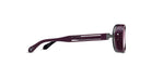 Side view of a pair of eyeglasses with a maroon frame and partially open temple, featuring cut-out details and a hinge connecting the arm to the circular lens frame.