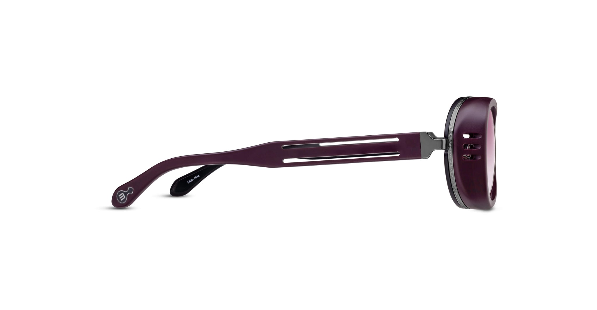 Side view of a pair of eyeglasses with a maroon frame and partially open temple, featuring cut-out details and a hinge connecting the arm to the circular lens frame.