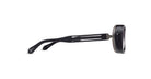 A side view of the Matsuda 10616H black eyeglasses with rectangular frames, two parallel cutouts and a small logo on the temple arm, dark-tinted lenses, displayed against a white background.