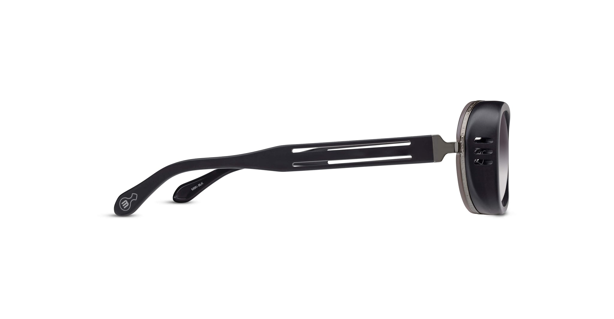 A side view of the Matsuda 10616H black eyeglasses with rectangular frames, two parallel cutouts and a small logo on the temple arm, dark-tinted lenses, displayed against a white background.