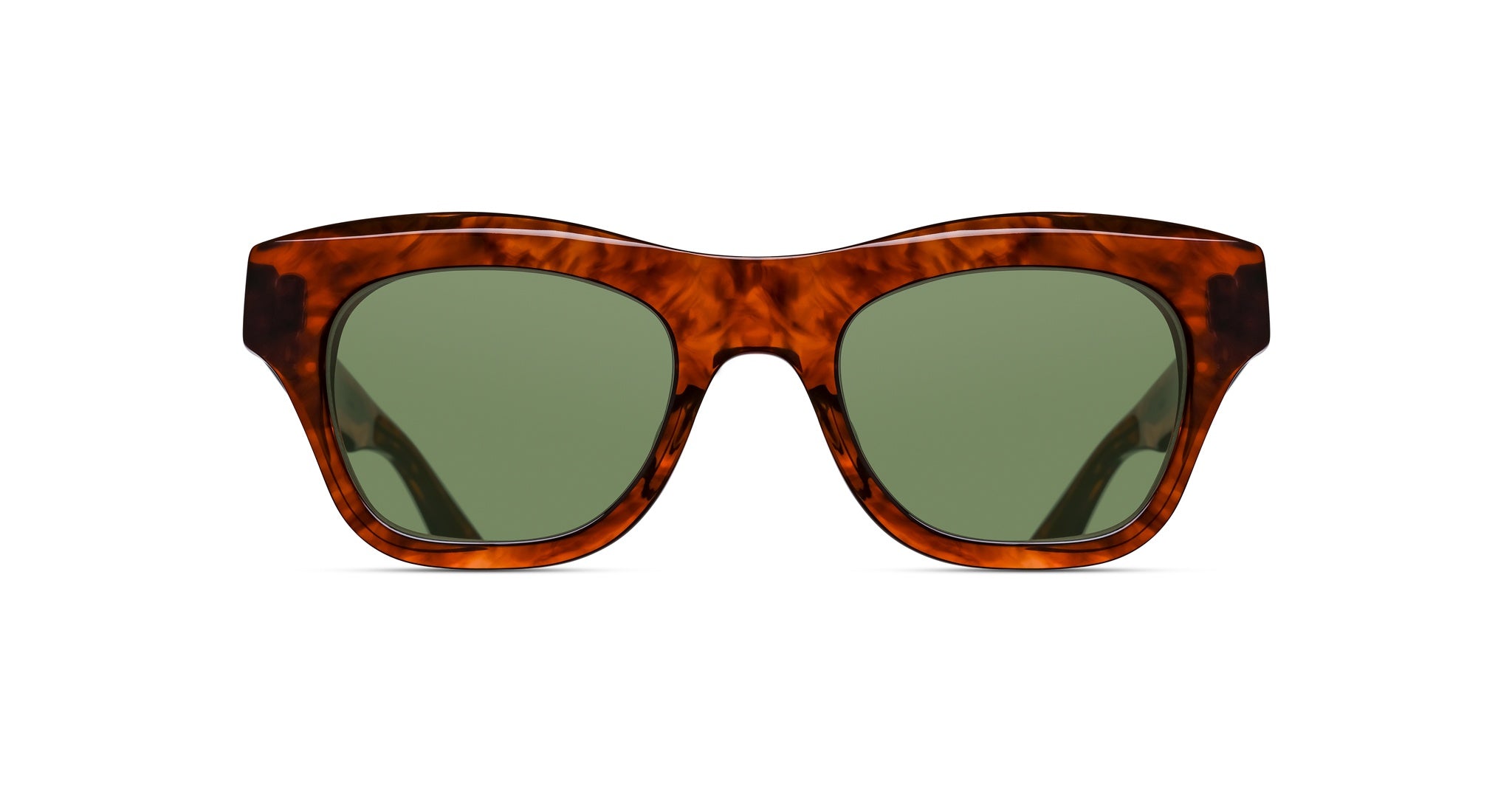 Matsuda M1027 tortoiseshell sunglasses with thick brown marbled frames and green tinted lenses, displayed front-facing on a white background.
