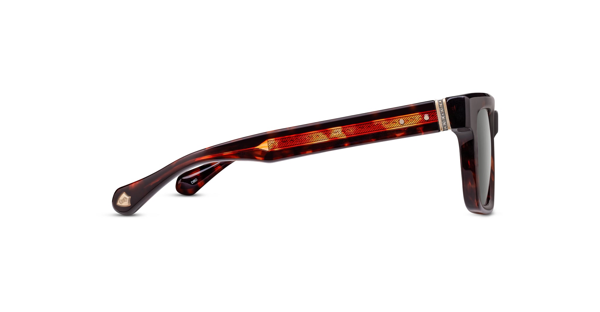 Side view of the Matsuda M1033 sunglass in dark brown with solid grey lenses