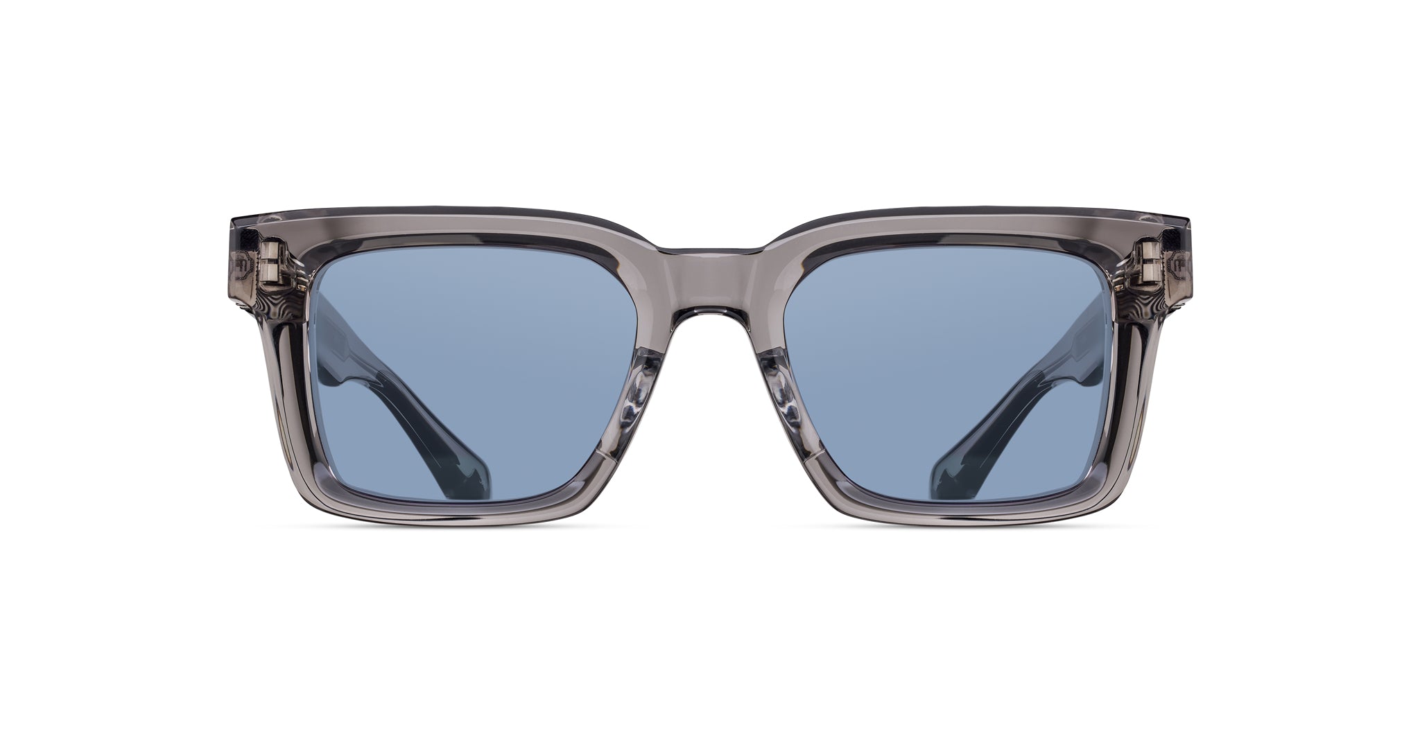 Matsuda M1033 square sunglasses with translucent gray frames and blue-tinted UV lenses, front view.