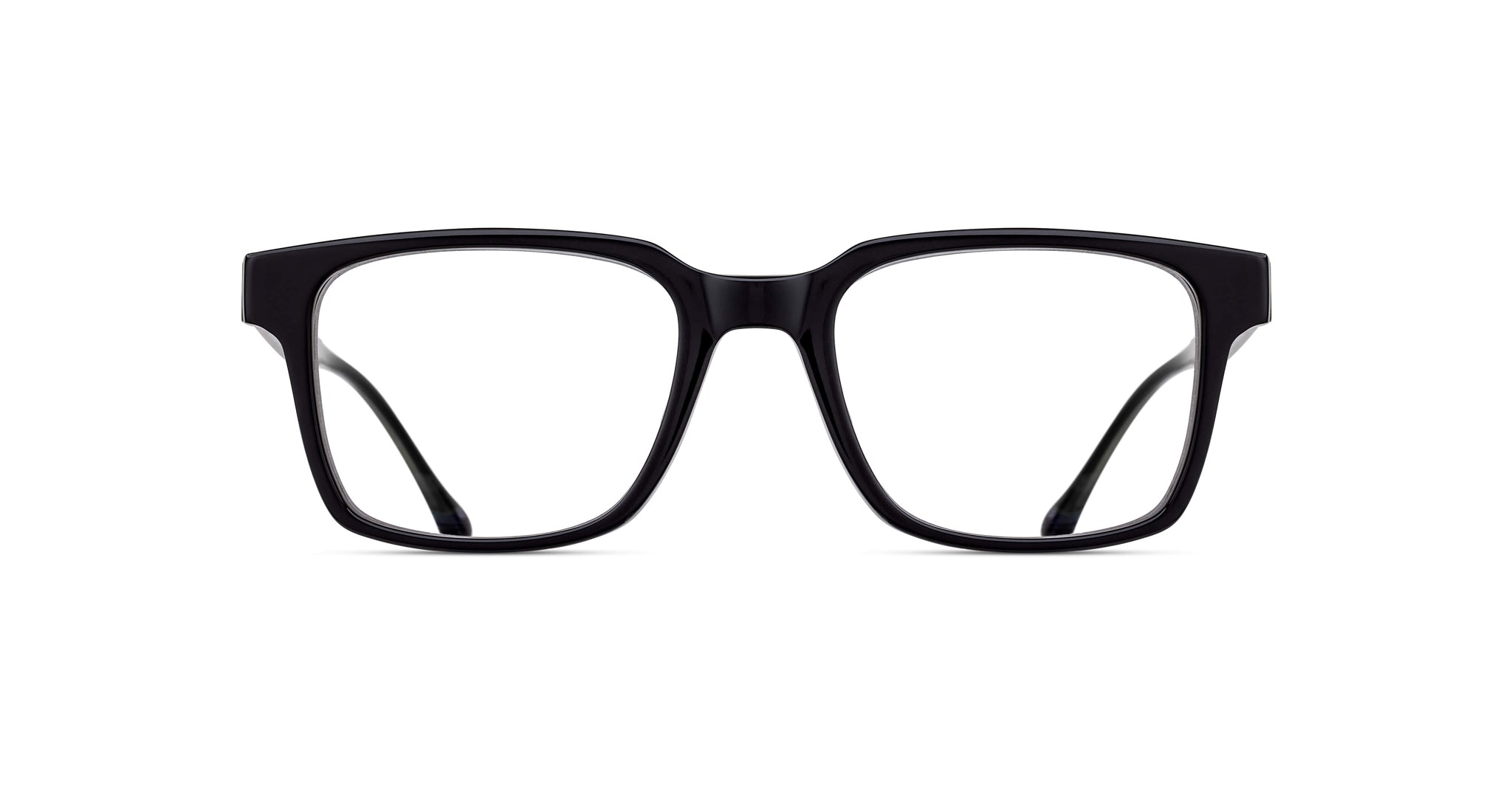 A pair of black, thick-rimmed eyeglasses with large, rectangular lenses, shown from the front on a white background.