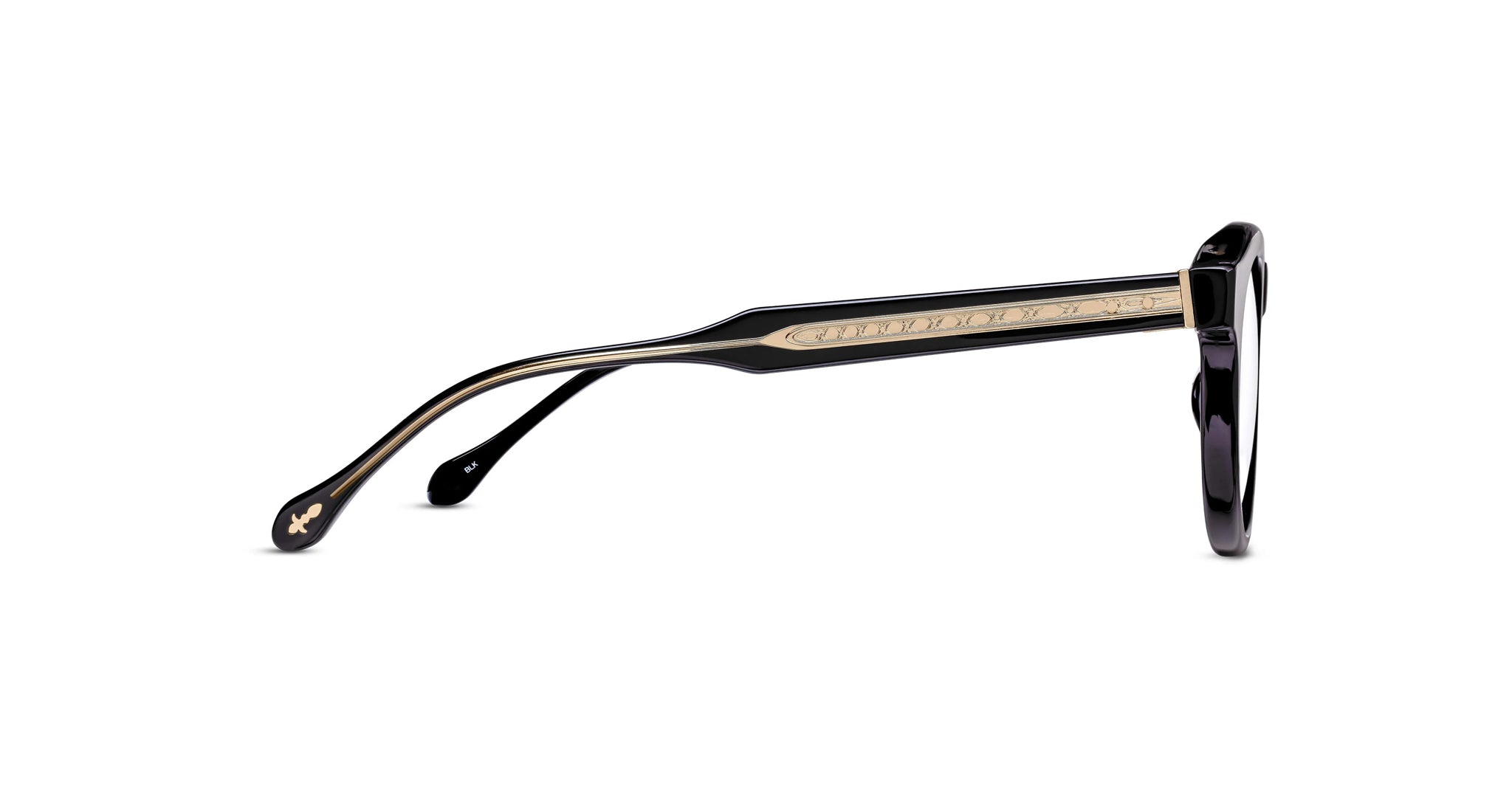 Side view of Matsuda M1036 (Copy) black eyeglasses with gold engraved temple arms and a cross-shaped accent near the end tip. The frame features rounded lenses.