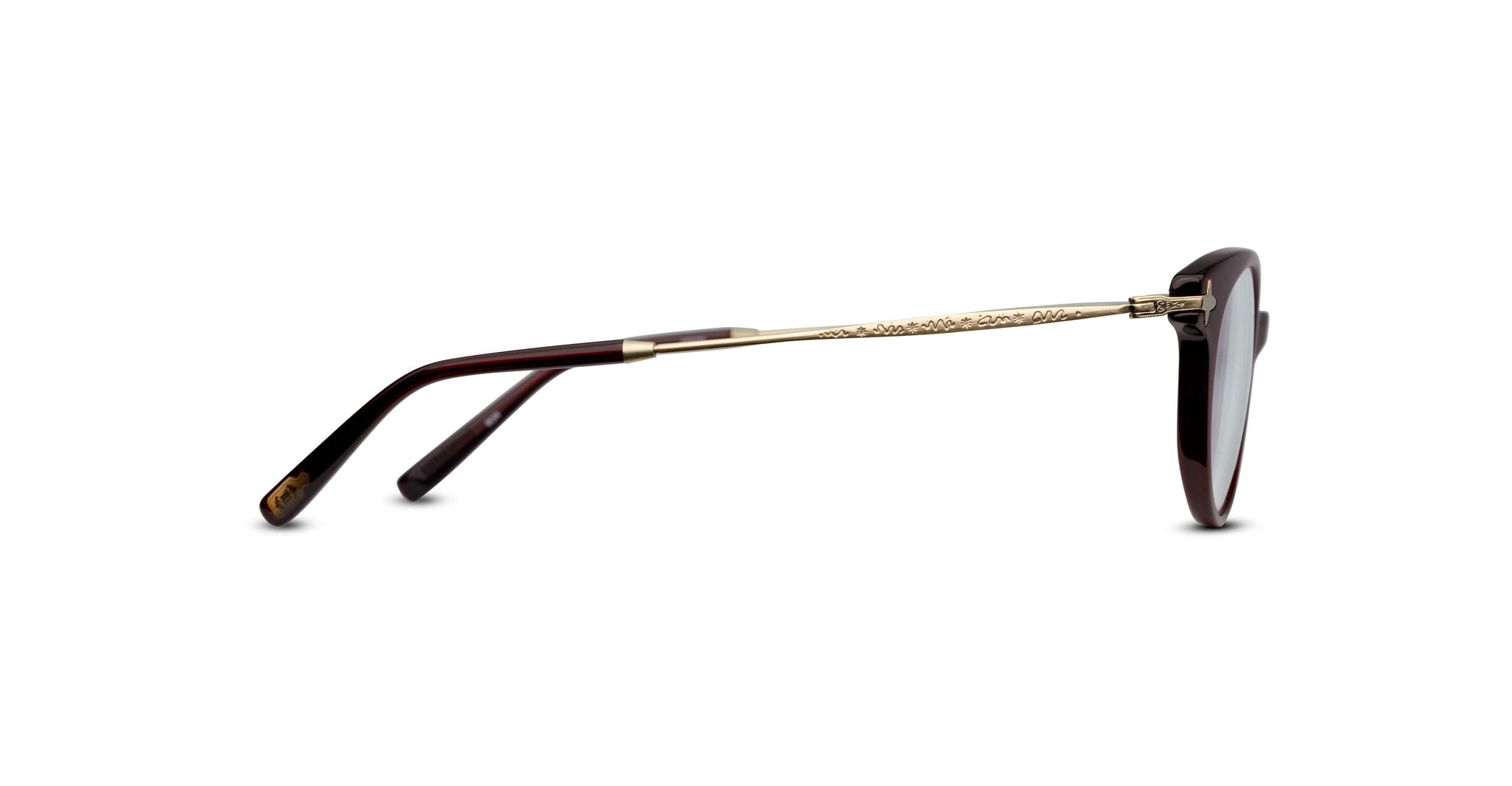 Side view of Matsuda M2022 sunglasses with gold metal arms featuring engraved patterns, dark brown tips, and round lenses. Displayed against a white background.