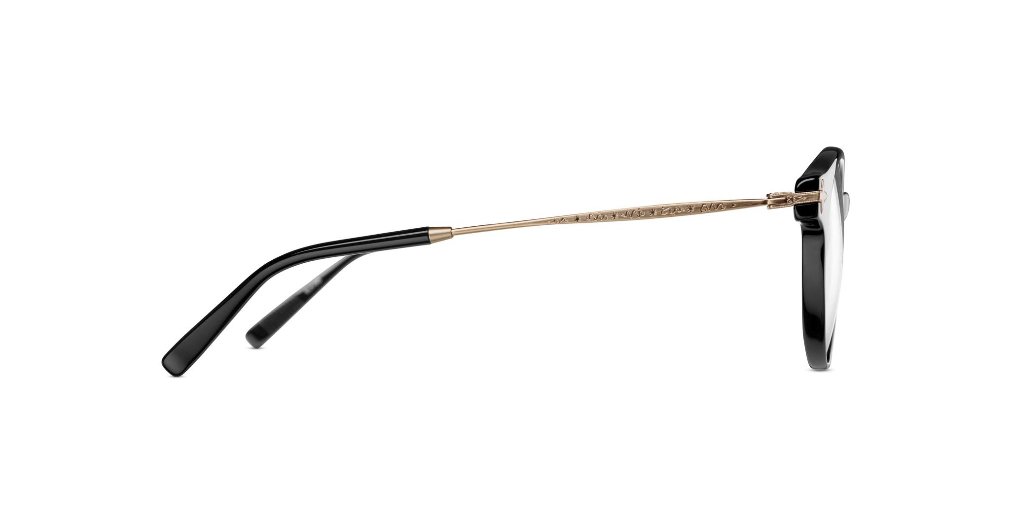 Side view of Matsuda M2038 black eyeglasses featuring thin gold metal arms and black temple tips, displayed on a white background.