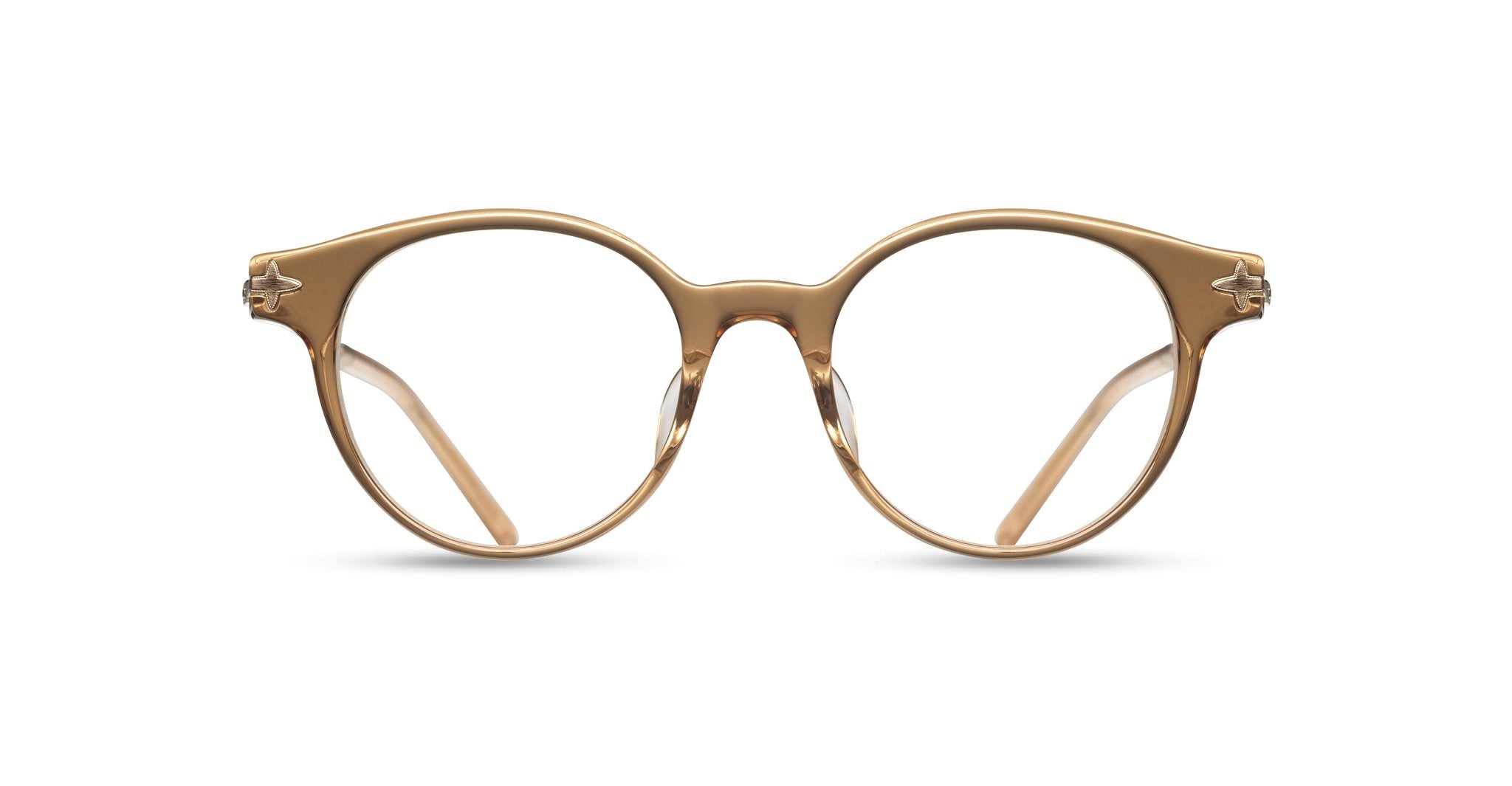 A front view of Matsuda M2038 round light brown eyeglasses with clear lenses on a white background.