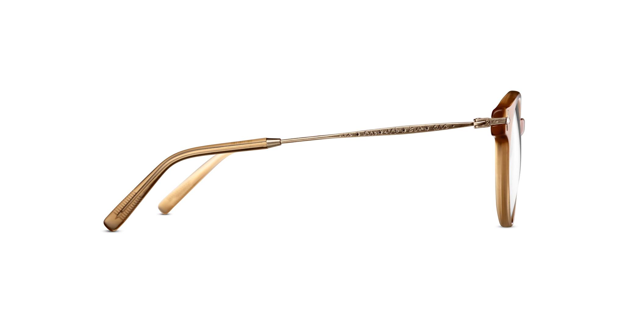 Side view of Matsuda M2038 eyeglasses with light brown semi-transparent frames and gold-tone metal arms, featuring a subtle engraved pattern on the temple.