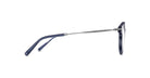 Side view of the Matsuda M2038 eyeglasses featuring thin metal arms with dark blue plastic tips and a partially visible circular dark blue frame.