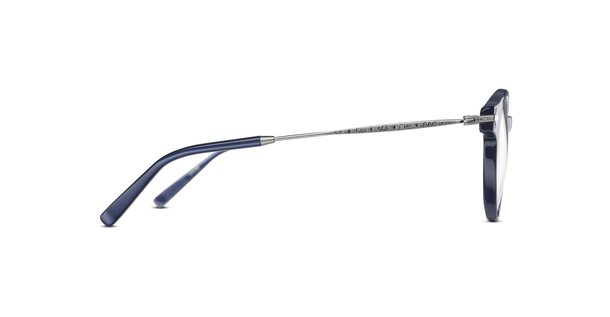 Side view of the Matsuda M2038 eyeglasses featuring thin metal arms with dark blue plastic tips and a partially visible circular dark blue frame.