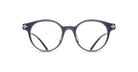The Matsuda M2038 features round, navy blue frames with clear lenses and silver hinge accents, shown on a white background. These eyeglasses showcase a classic, vintage-inspired design.