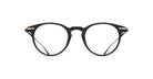 Matsuda M2056 eyeglasses, black round frames with gold hinge accents, front view.