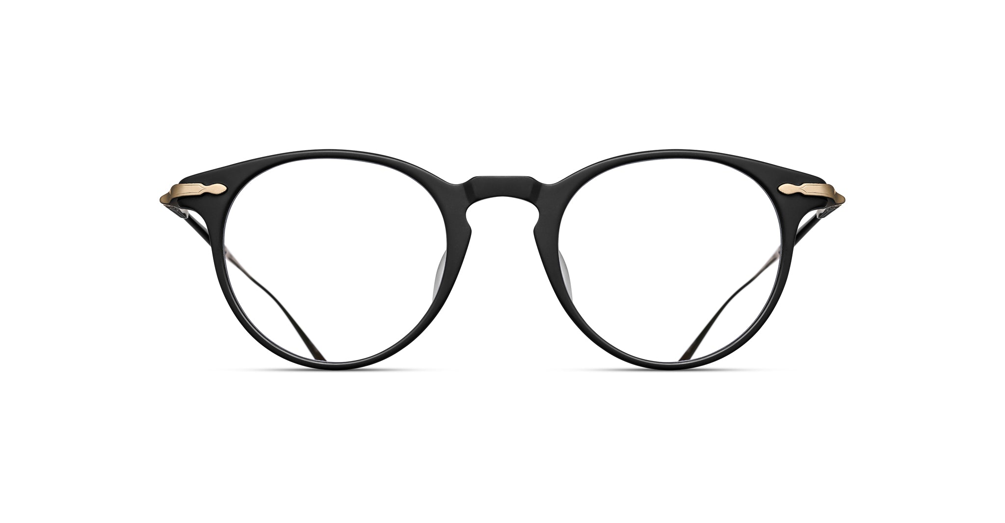 Matsuda M2056 eyeglasses, black round frames with gold hinge accents, front view.
